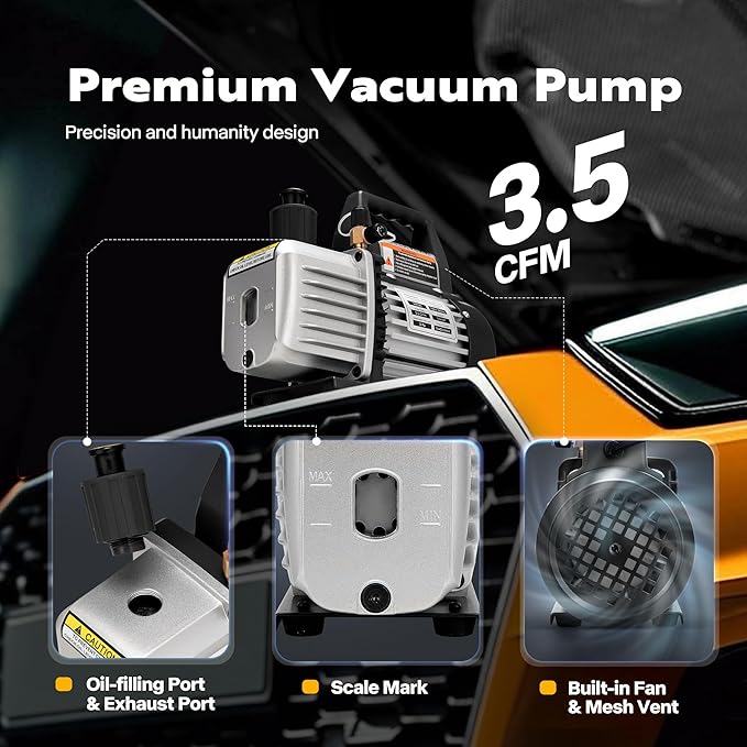 VIVOHOME 110V 1/4 HP 3.5CFM Single Stage Rotary Vane Air Vacuum Pump and AC Manifold Gauge Set Kit with Thermometer for R134a R12 R22 R502 R410a HVAC Air Conditioning Refrigeration Recharging, Black