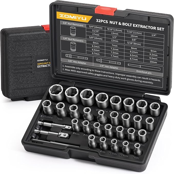 Bolt Extractor Kit, 32 Piece Easy Out Lug Nut Removal Tool, 1/4" & 3/8" Drives Damaged Bolt Extractor Socket Set for Stripped, Broken, Rusted, Rounded Fasteners
