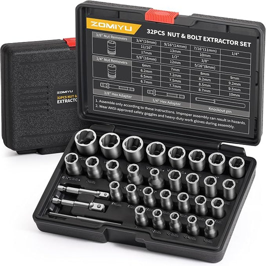 Bolt Extractor Kit, 32 Piece Easy Out Lug Nut Removal Tool, 1/4" & 3/8" Drives Damaged Bolt Extractor Socket Set for Stripped, Broken, Rusted, Rounded Fasteners