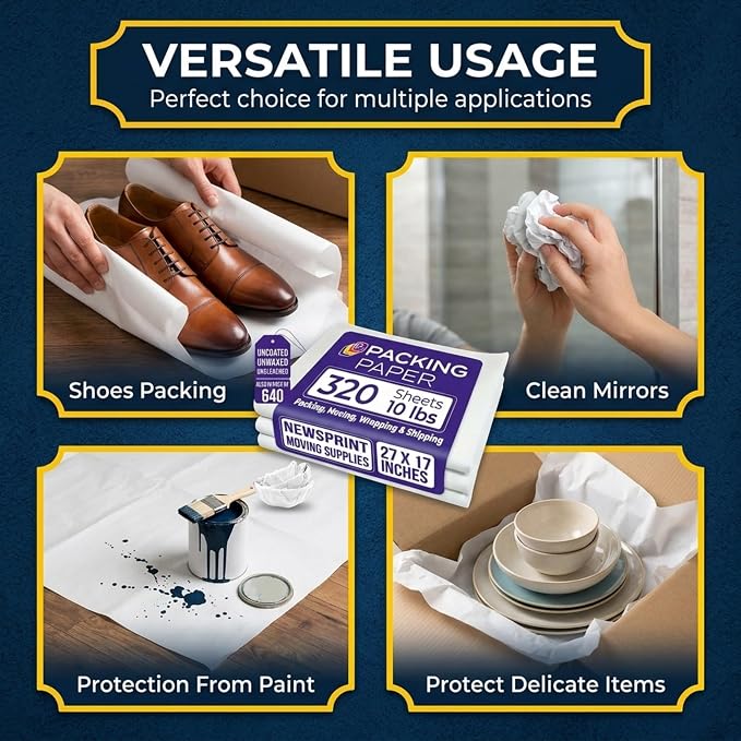 Purple Papers White Bulk Packing Paper | 320 sheets | 27" x 17" | 10 lb | Sheets for Moving - Newsprint Paper - Must Have in Your Moving Supplies | Newsprint Papers | Packaging Paper