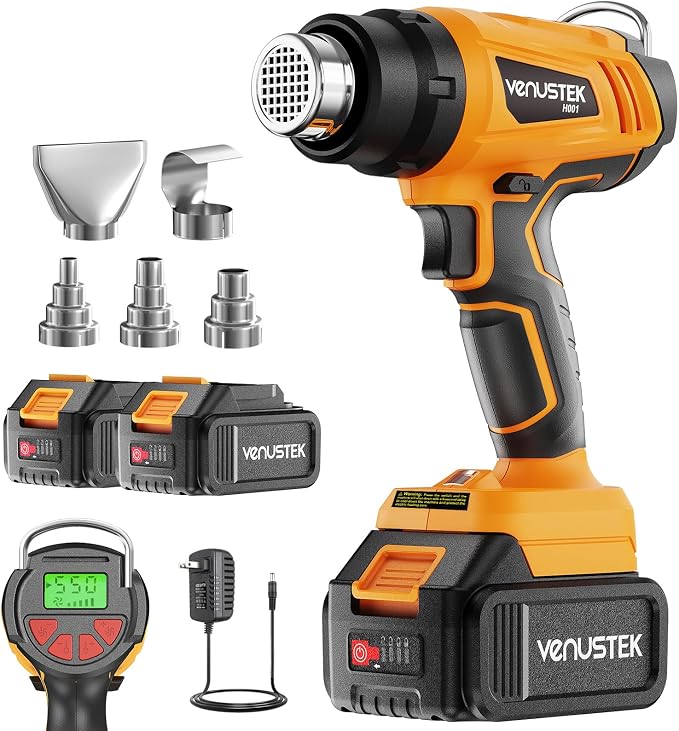 20V Cordless Heat Gun with 2 x 4.0Ah Batteries (122℉–1022℉) Fast-Heating Hot Air Gun Kit with Screen Display Variable Temperature Wind Speed, Portable Heat Gun for Shrink Tubing Vinyl Wrap