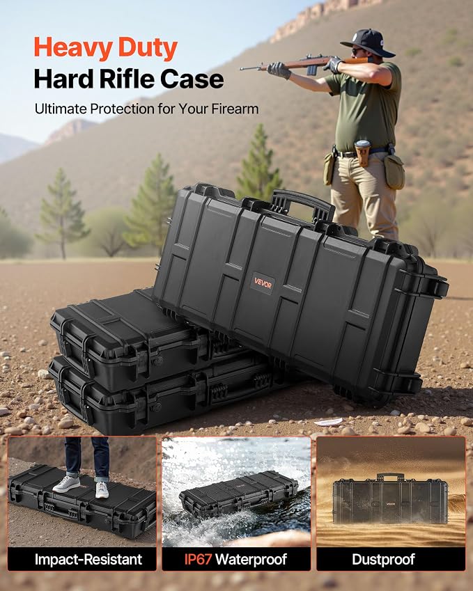 VEVOR Rifle Case, Rifle Hard Case with 4 Layers Fully-protective Foams, Lockable Hard Gun Case with Wheels, IP67 Waterproof & Crushproof, for Rifles or Shotguns