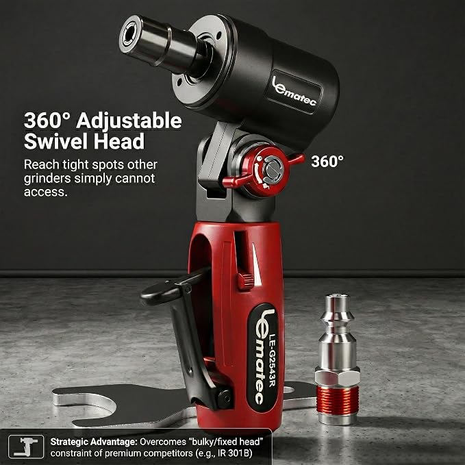 LE LEMATEC Pneumatic Die Grinder, Adjustable 90 Degree Air Angle Tool | 20000 RPM, swivel head, 1/4 collet, metal grinding, porting, weld prep, quiet