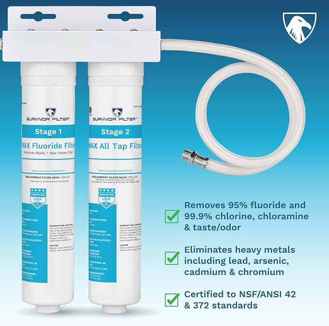 Survivor Filter Max, Stage 1 Fluoride, Under Sink Water Filter Replacement | Reduces Fluoride, Municipal Tap Water, Water Filter for Sink Faucet, Easy Installation, Made in USA