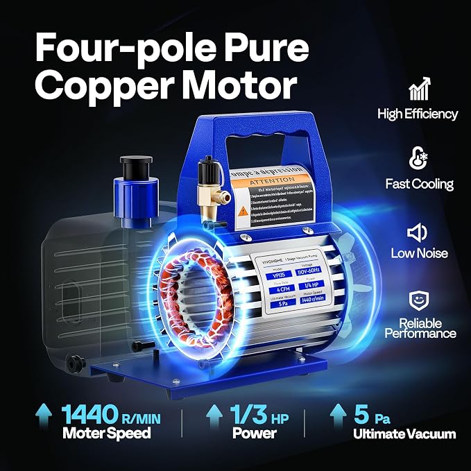 VIVOHOME Upgraded 4CFM 1/3 HP 1-Stage HVAC Vacuum Pump and 4 Way AC Manifold Gauge Set with Leak Detector, 5ft Hoses & Accessories for R134a R12 R22 R502 R410a Automotive Air Conditioner Maintenance