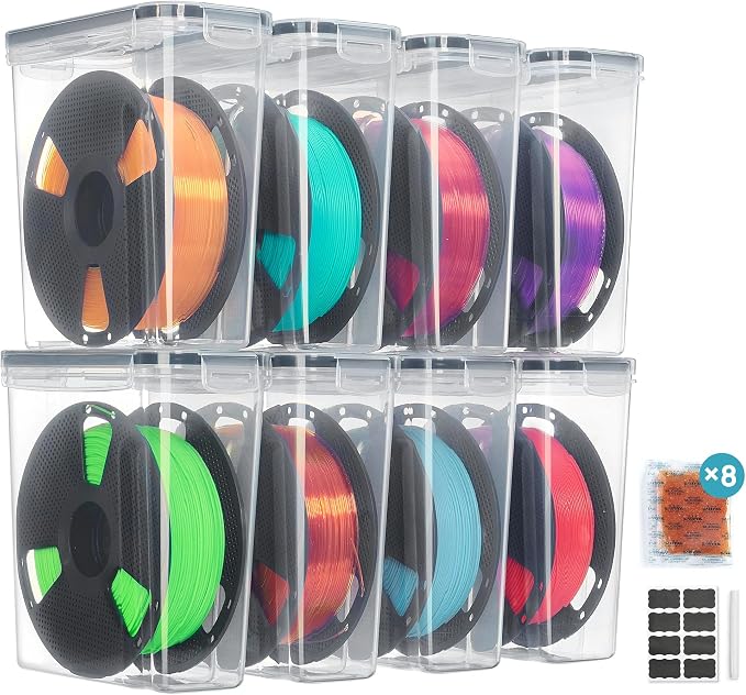 Vtopmart 8 Pack Filament Storage Box Filament Storage with Desiccant, Labels & Marker, Waterproof Filament Storage Container for 1KG Spools Dust-Proof & Stackable Box for PLA/ABS/PETG/TPU/Nylon
