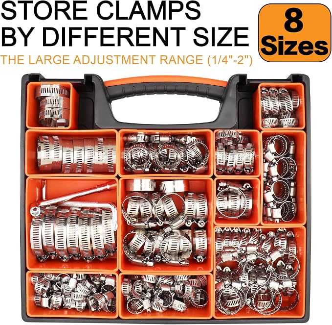 210PCS 304 Stainless Steel Hose Clamps Assortment Kit 1/4"–2" Worm Gear Hose Clamp for Radiator,Heater,Automotive,Mechanical Applications,Pipe,Tube,Coolant,Garden