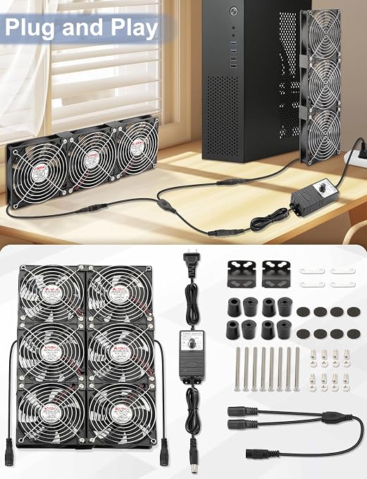 Wathai 120mm x 6 Small Box Computer Fan with AC 110V 240V Speed Controller | Dual Ball with Variable Speed Controller for Server Rack, Greenhouse, Basement, Window Exhaust Cooling Ventilation