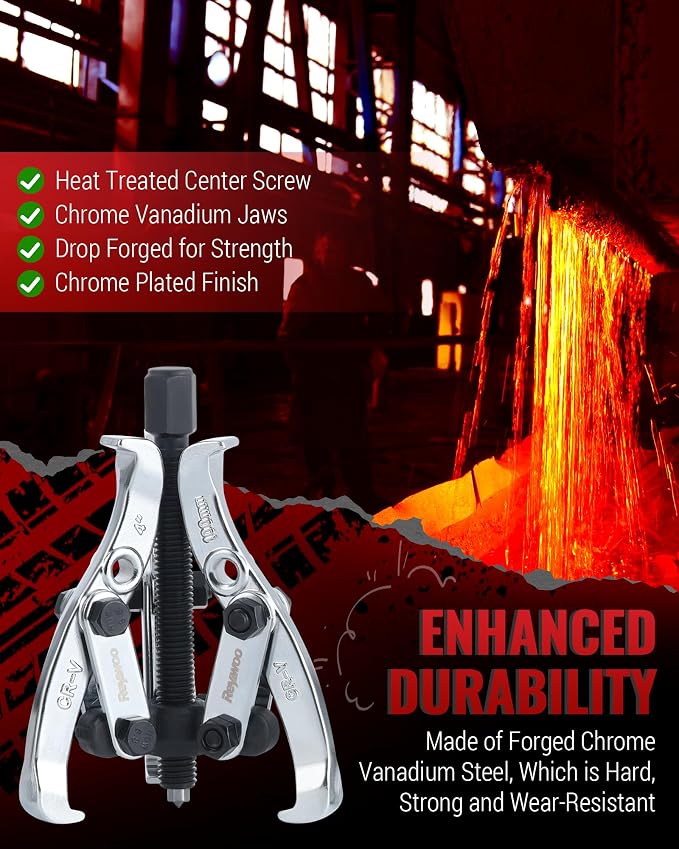 Reywoo Gear Puller Set, 3" 4" 6" 8" Bearing Puller Kit for Pulley Gear Bearing Flywheel Removal, Cr-V Steel 2 Jaw & 3 Jaw Gear Puller with Reversible Jaws
