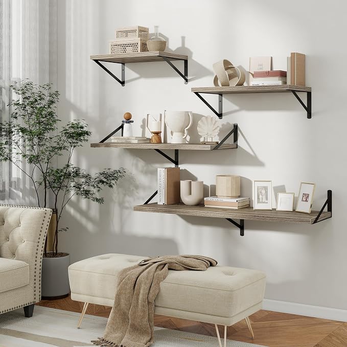 Floating Shelves 12 Inch Deep, 48W x 12D Wall Shelf Set of 2, 70 lbs Heavy Duty Reversible Metal Brackets, Deep Industrial Book Shelf for Living Room Kitchen Bath Bedroom Coffee Bar, Grey