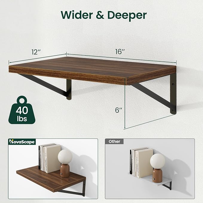 Floating Shelves 12 Inch Deep, 16W x 12D Wall Shelf Set of 2, 35 lbs Heavy Duty Reversible Metal Brackets, Deep Industrial Book Shelf for Living Room Kitchen Bath Bedroom Coffee Bar, Walnut