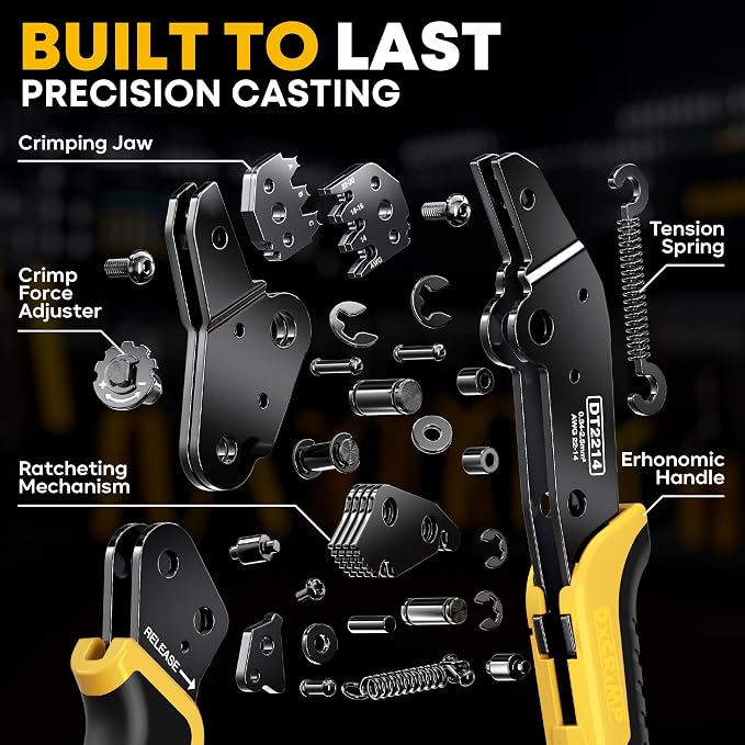 DT Series Connector Crimping Tool Kit, 2-12 Pin Waterproof Connectors, Size 16 Stamped Contacts (22-14 AWG), Ratcheting Crimper Stripper & Removal Tools for Auto, Compatible with Deutsch DT