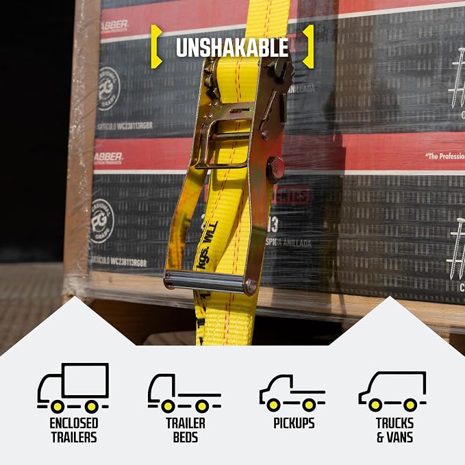DC Cargo Mall E Track Ratchet Straps Cargo Tie-Downs, (Pack of 2) 2 x 12 Heavy Duty Yellow Tie-Down Rachet Straps, Strong Ratchet Strap, E Track Spring Fittings, Tie Down Motorcycle