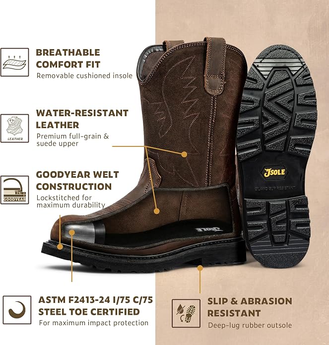 J‘s.o.l.e Men's Cowboy Work Boots Leather Goodyear Welt Non-Slip Rubber Outsole Round Toe Pull-On Brown – Steel Toe & Soft Toe Options