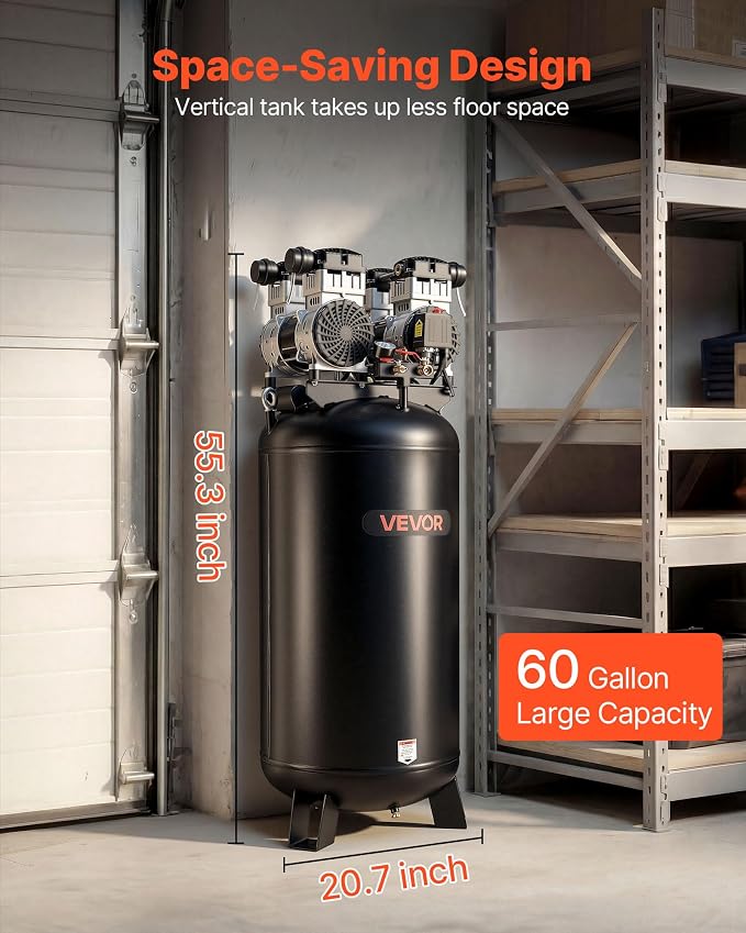 VEVOR 60 Gallons Heavy-Duty Air Compressor, 4HP 10SCFM at 90PSI Air Compressors with Max 125PSI Pressure, Oil-Free Compressor Tank for Industrial Manufacturing, Large Workshops (230V 60Hz, No-Plug)