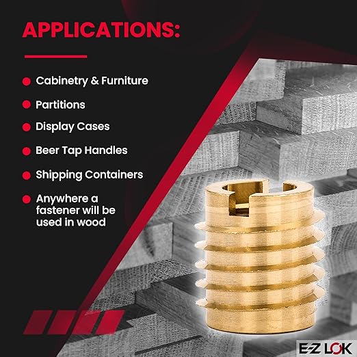 E-Z LOK Knife Threaded Insert for Hard-Wood, Brass Thread Inserts, M8-1.25 Internal Threads, 0.625" Length Pack of 10