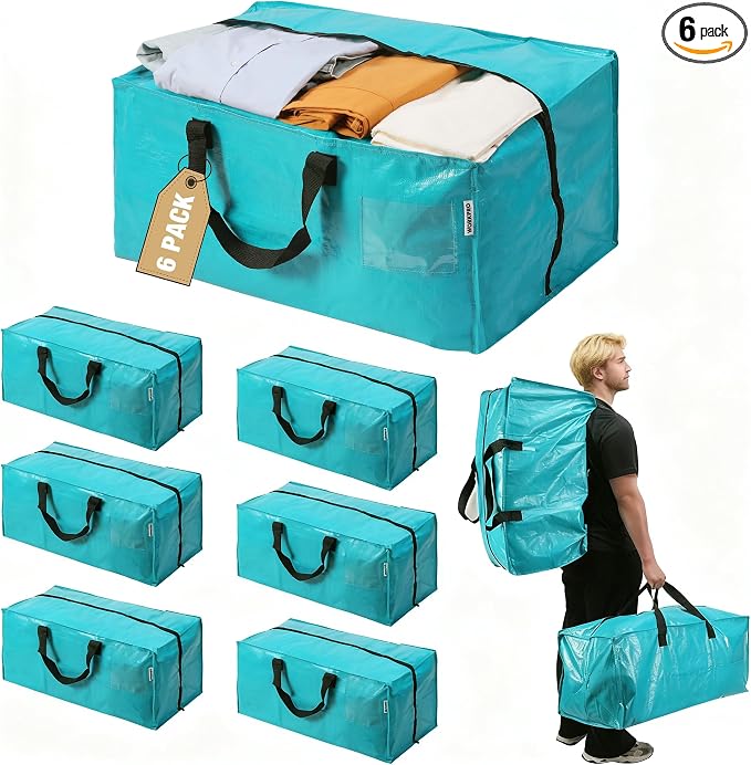 WORKPRO 6 Pack Extra Large Moving Bags with Zippers & Carrying Handles Backpack Straps, Heavy-Duty Storage Tote for Space Saving Moving Storage (Blue)