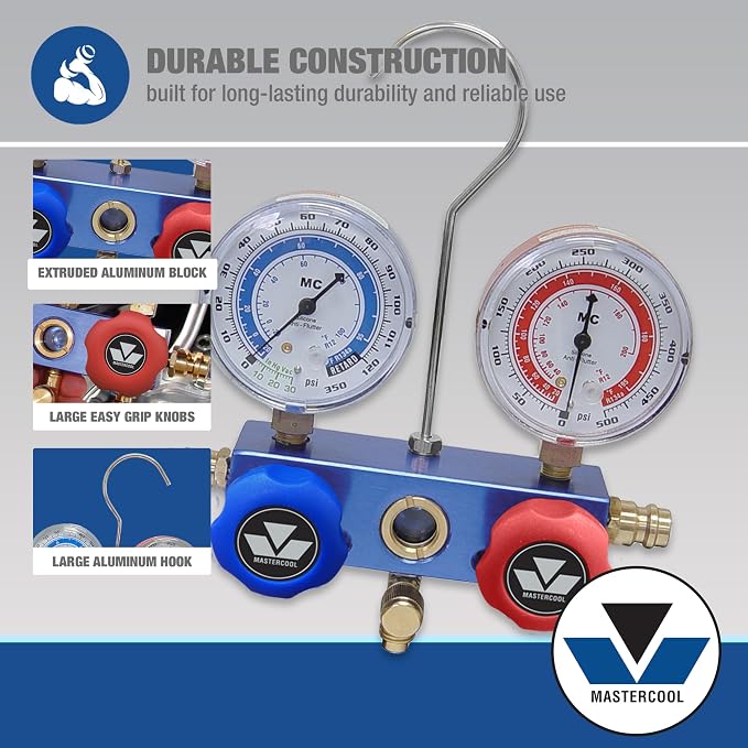 Mastercool 89660-UV Automotive R134a 2-Way Manifold Gauge Set with Mini Dye Injector – U.S. Designed, Assembled, and Tested – Includes 60" Hoses and Manual Couplers