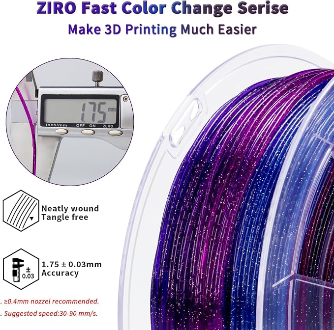 ZIRO 4 Packs 3D Printer Filament, Fast Color Change with Twinkle Effect PLA 1.75MM, Gradient Translucent PLA Bundle, Sparkling Multicolor 3D Material, 1KG x 4 Spool