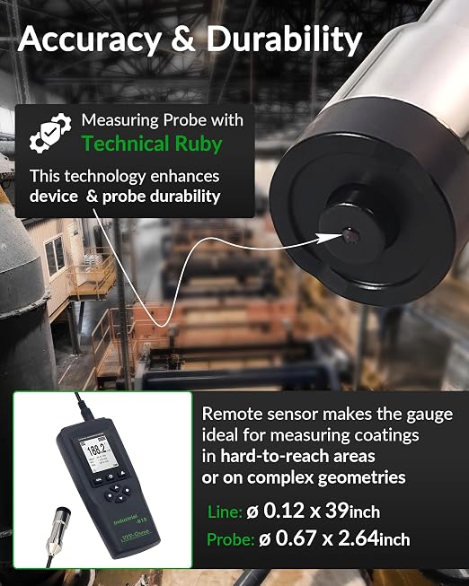 Coating Thickness Gauge Industrial-818 with External Probe – 0–197 mil (0–5000μm) Fe / 0–120 mil (0–3000μm) NFe, 0.001 mil Resolution, Factory/Zero/Multi-Point Calibration, Memory, PC Connectivity