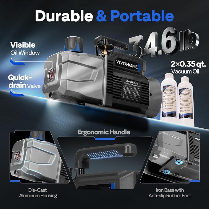 VIVOHOME 1 HP 9.6 CFM 2 Stage A2L HVAC Vacuum Pump, Sparkless Motor for R32 R1234yf R454B R134a R22 R410a Systems, Auto AC Vacuum Pump for Air Conditioner Resin Degassing with Oil Bottle