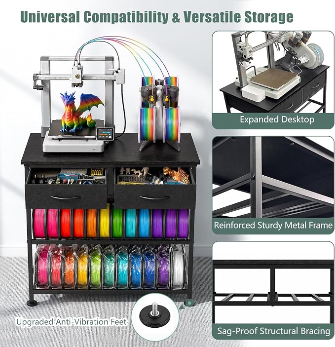3D Printer Stand with Filament Storage Heavy Duty Metal 3D Printer Table with Fabric Drawer Anti-Vibration Filament Storage Rack for Workshop Studio Office Black