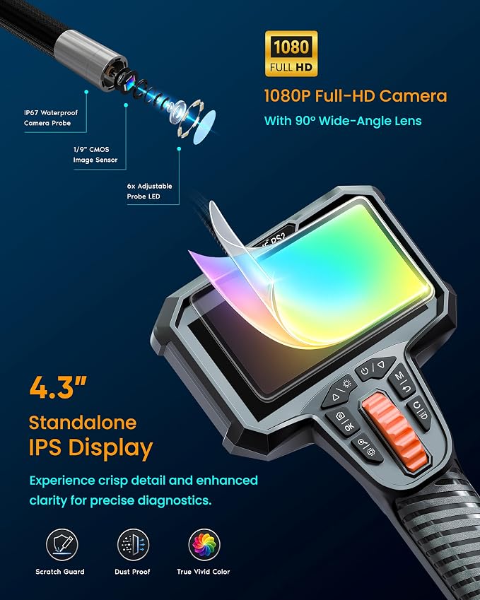 ROVE RS2 Two-Way Articulating Borescope Camera with Light, 1080P Industrial Endoscope Inspection Camera with 180° Articulated Slim 6.2mm Probe, 4.3” IPS Screen, for Wall Automotive, Mechanics, and DIY