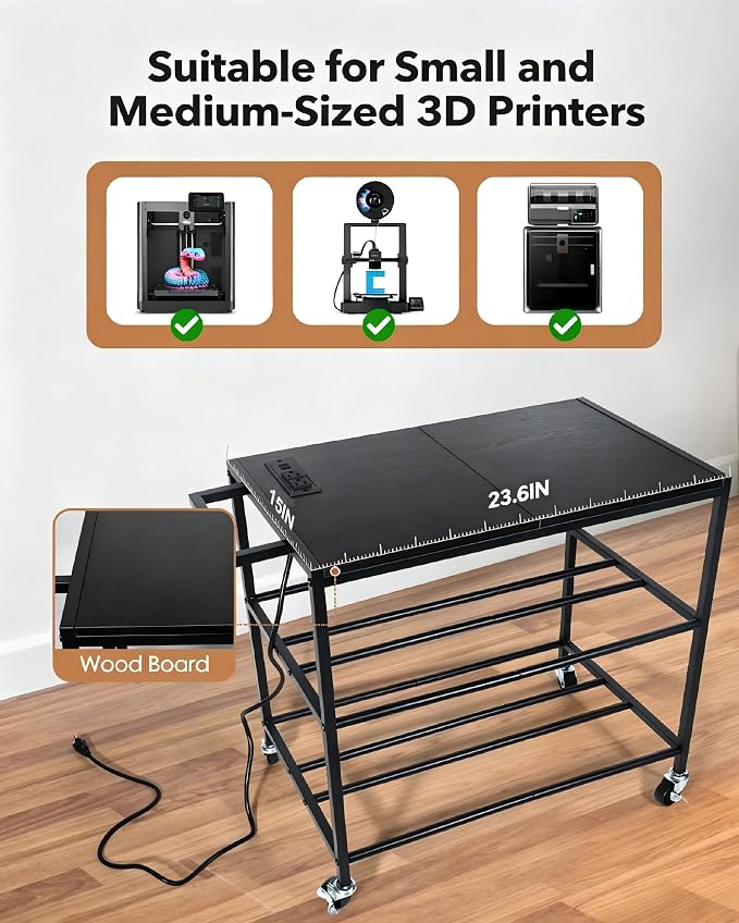 3D Printer Stand with Filaments Storage-Small 3D Printer Table for Consumables Storage,Heavy Duty 3D Printer Cart Desk Suitable for Workshops, Studios and Offices（Black）
