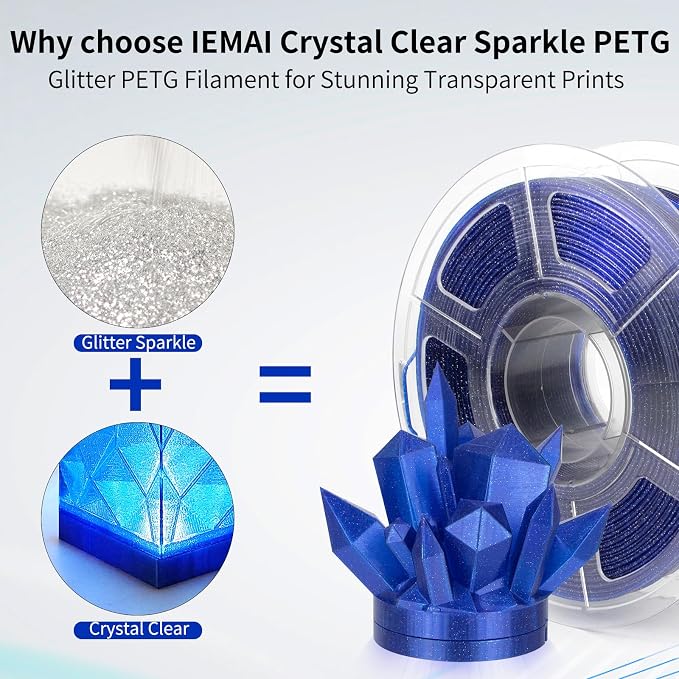 IEMAI Glitter Clear PETG Filament 1.75mm 1KG Blue, Sparkly Transparent Finish 3D Printer Filament Easy to Print for Lampshades, Home Decor & DIY Models