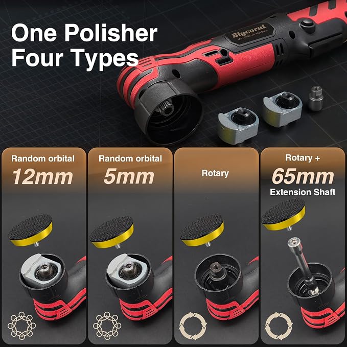Cordless Mini Polisher,1/1.5/2Inch,DA&RO with 11 Variable Speed 2500-6000 RPM,2 * 2.3Ah Rechargeable Batteries,Red Car Detailing Micro Polisher