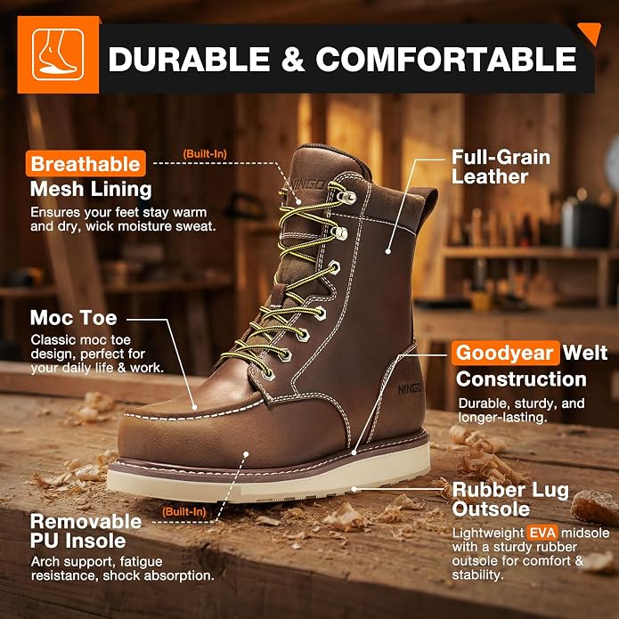 NINGO Steel Toe Work Boots for Men, 8 Inches Waterproof Moc Toe Construction Boots, Goodyear Welt Non Slip Wedge Outsole, Full-Grain Leather EH Rated Mens Safety Work Shoes, for Industrial, Welding