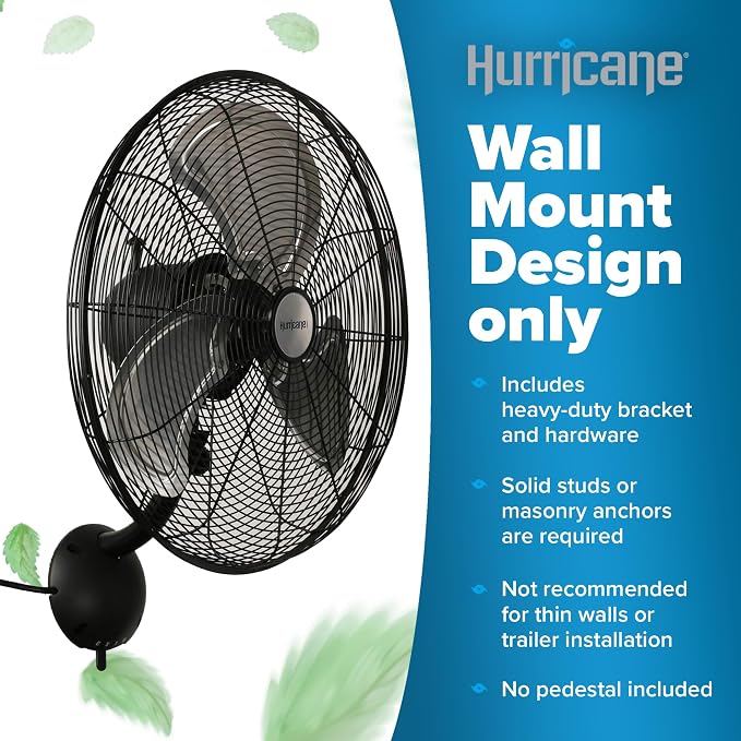 Hurricane Pro High Velocity Oscillating Metal Wall Mount Fan w/ 3 Speeds, Black, 20" - Corded Electric Air Cooling Unit w/ Powerful 4500 CFM Airflow for Home, Garage, Gym, Workshop & Greenhouse