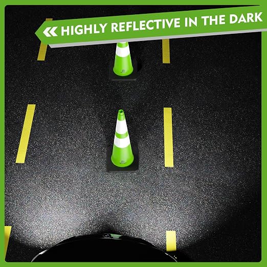 RoadHero 8 Pack Traffic Safety Cones 28 Inch with Black Weighted Base, Plastic PVC Lime Green Cone with Reflective Collar, Cones for Parking Lot, Construction Events, Road Safety