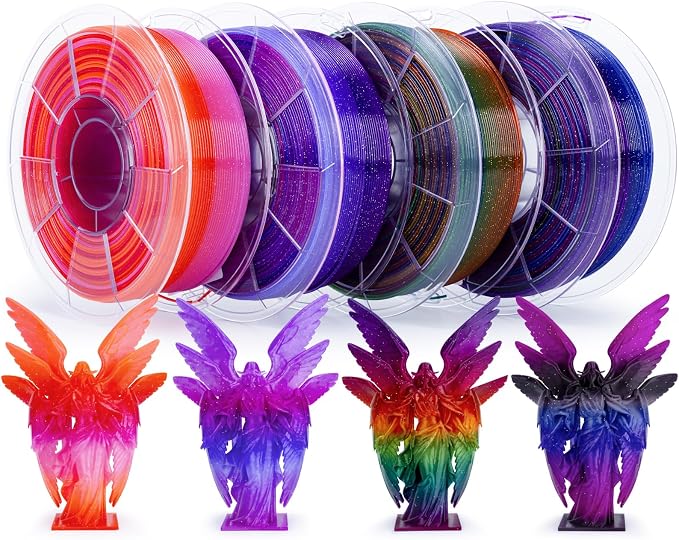 ZIRO 4 Packs 3D Printer Filament, Fast Color Change with Twinkle Effect PLA 1.75MM, Gradient Translucent PLA Bundle, Sparkling Multicolor 3D Material, 1KG x 4 Spool