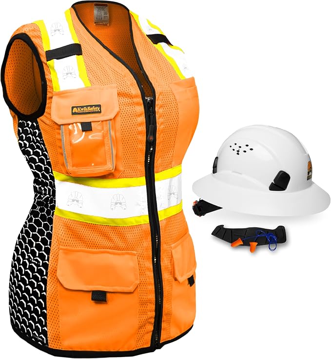 KwikSafety QUEEN BEE Safety Vest for Women [Orange, Small] + TORTOISE Full Brim Hard Hat Bundle