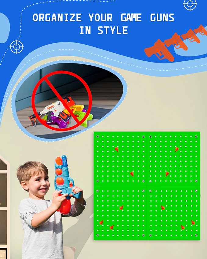Skywin Wooden Pegboard Walls Organizer for Nerf Gun 13 x 0.32 x 13 Inches - Hanging Holder Wall Pegboard Compatible with All Blasters Nerf Gun Rack Organizer for Wall Organization (Green)