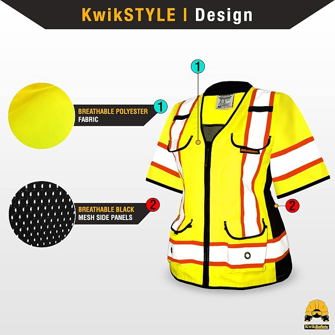 KwikSafety - Charlotte, NC - GODMOTHER Class 3 Safety Vest for Women - LOOSE FIT - ANSI OSHA Compliant Reflective Work Gear PPE/Yellow Large
