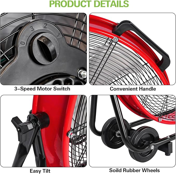 hykolity 24 inch 8100 CFM High Velocity Industrial Drum Fan, 3-Speed Heavy Duty Metal Shop Fan for Warehouse, Garage, Workshops, Factory, UL Listed, Red