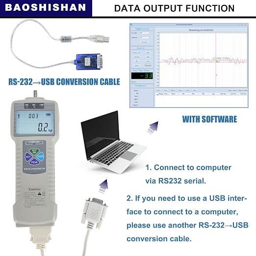 BAOSHISHAN ZP-500N Digital Force Gauge Push Pull Gauge with Output Function | LCD Backlit Display, Carrying Case, Tension/Compression Testing, Destructive Load Analysis, High Precision Sensor