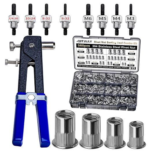 ASKWAY Rivet Nut Stainless Steel SAE & Metric 560 PCS SAE Rivet Nut Tool | 560pcs 304 Stainless Steel Rivet Nut tool, SAE Rivet Nuts 1/4-20, 10-24, 8-32, 6-32), Metric Rivet Nuts (M6, M5, M4, M3)