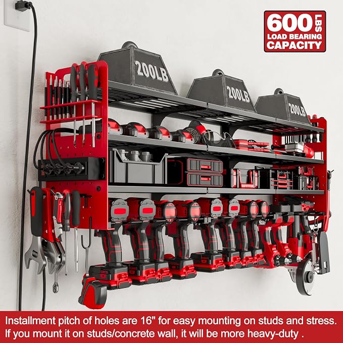 12 Cordless Drill Holder Large Power Tool Organizer Wall Mount with Side Pegboard & Screwdriver Holder, 4-Tier Heavy Duty Metal Tool Storage Rack with 4-Outlet Power Strip