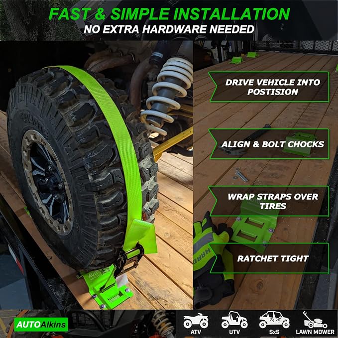 Wheel Chock Tie Down Kit, 4,400lb Break Strength — 4 Heavy Duty E-Track Tire Ratchet Straps & 8 Steel Wheel Chocks, Complete Trailer Tie Down System for ATV, UTV, Lawn Mower & SxS (Green)