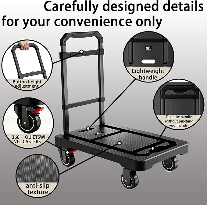 SPACELEAD Folding Hand Truck, Heavy-Duty Platform Truck with 330 Lbs Capacity, Collapsible Dolly Cart with 360° Silent Wheels & Telescopic Handle, Portable Moving Cart for Luggage & Office, Black