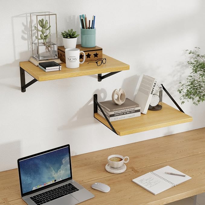 Floating Shelves 12 Inch Deep, 16W x 12D Wall Shelf Set of 2, 35 lbs Heavy Duty Reversible Metal Brackets, Deep Industrial Book Shelf for Living Room Kitchen Bath Bedroom Coffee Bar, Oak