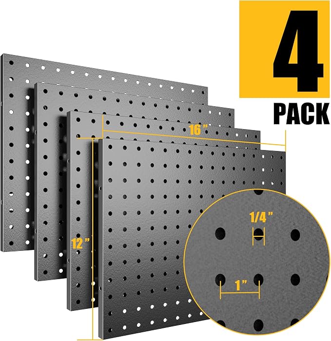 Spampur Peg Board, 4 Pack Metal Pegboard Panels Black Pegboards Wall Organizer, Tools Pegboard Storage System for Workbench, Garage Tool Storage, Office Organization, Wall Home, Craft Room