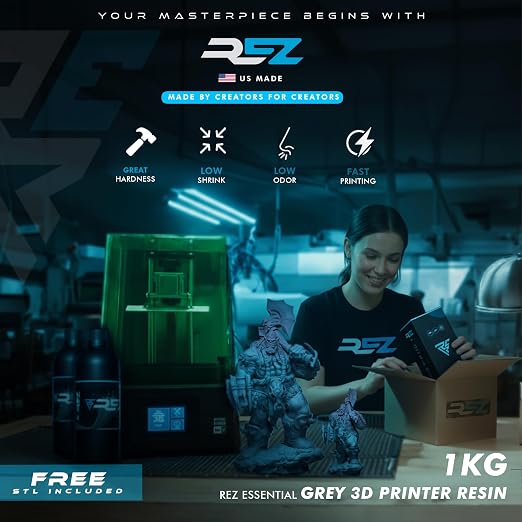 Rez Resin 1 kg, Essential Grey UV Photopolymer Resin for SLA/DLP/LCD 3D Printers, Ultra-High Detail, Fast-Curing Tough Resin for Highly Detailed Models, high Strength and Low Odor, 2K 4K 6K 8K