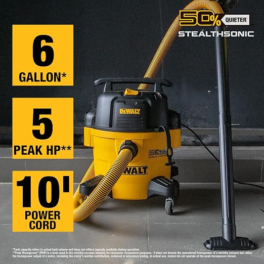 DEWALT 6-Gallon STEALTHSONIC Ultra Quiet Poly Shop Vacuum Wet and Dry with 6 Dust Bags, 5 Peak HP Noise Reduction Wet/Dry Vac for Jobsite, Workshop, and Garage, DXV06P-QTB