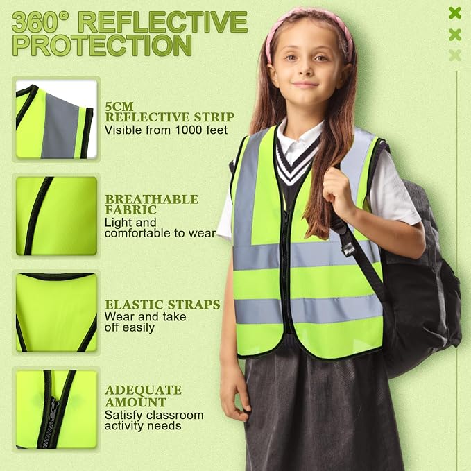 Unittype 30 Pcs Kids Safety Vest Bulk High Visibility Reflective Vest with Zipper Neon Traffic Vest for Cycling Skiing Running (Yellow)