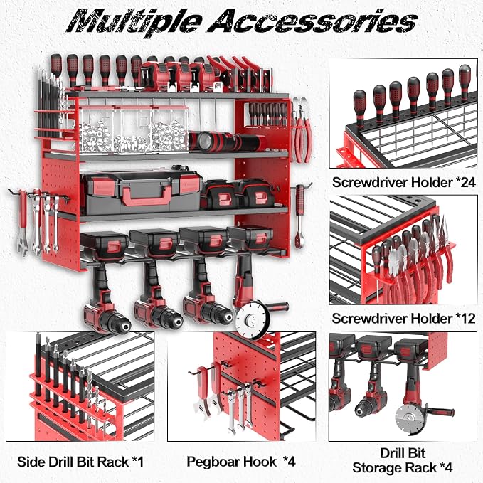 Power Tool Organizer Wall Mount, Cordless Drill Hanger Storage Rack 8 Drill Holder, 4 Layer Heavy Metal Large Capacity Tool Rack for Garage Organization (Red, 4 Drills Holder)