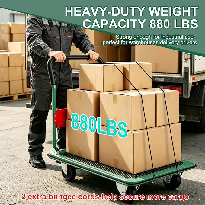 LEADALLWAY Foldable Push Cart 880lbs Capacity, Extra Tall 38.98" Height for Tall People, Heavy Duty Platform Truck 35.8" L x 24" W Green, Includes 2 Elastic Bungee Ropes